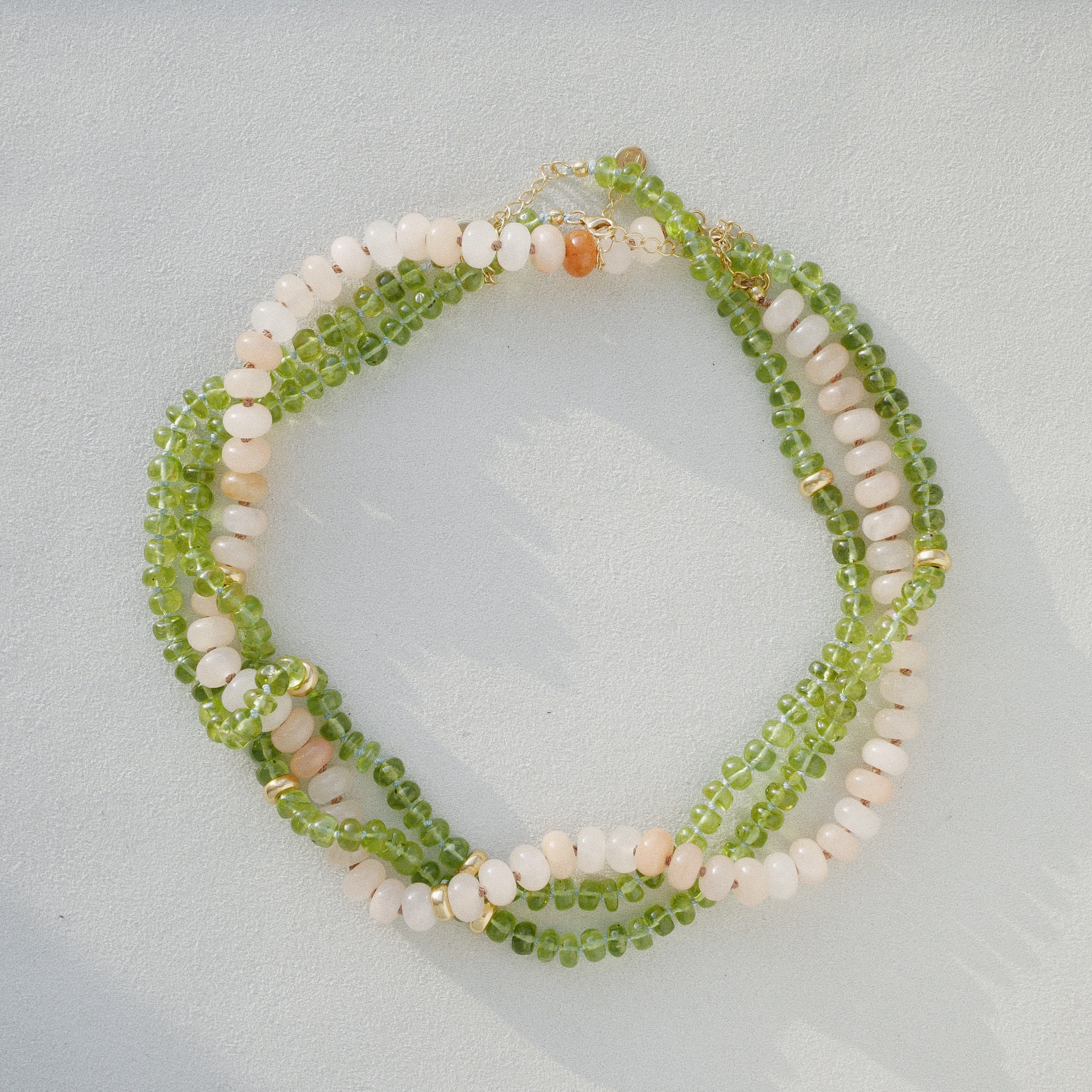 Birsenaite peridot aventurine and silk hand beaded layered necklace collar