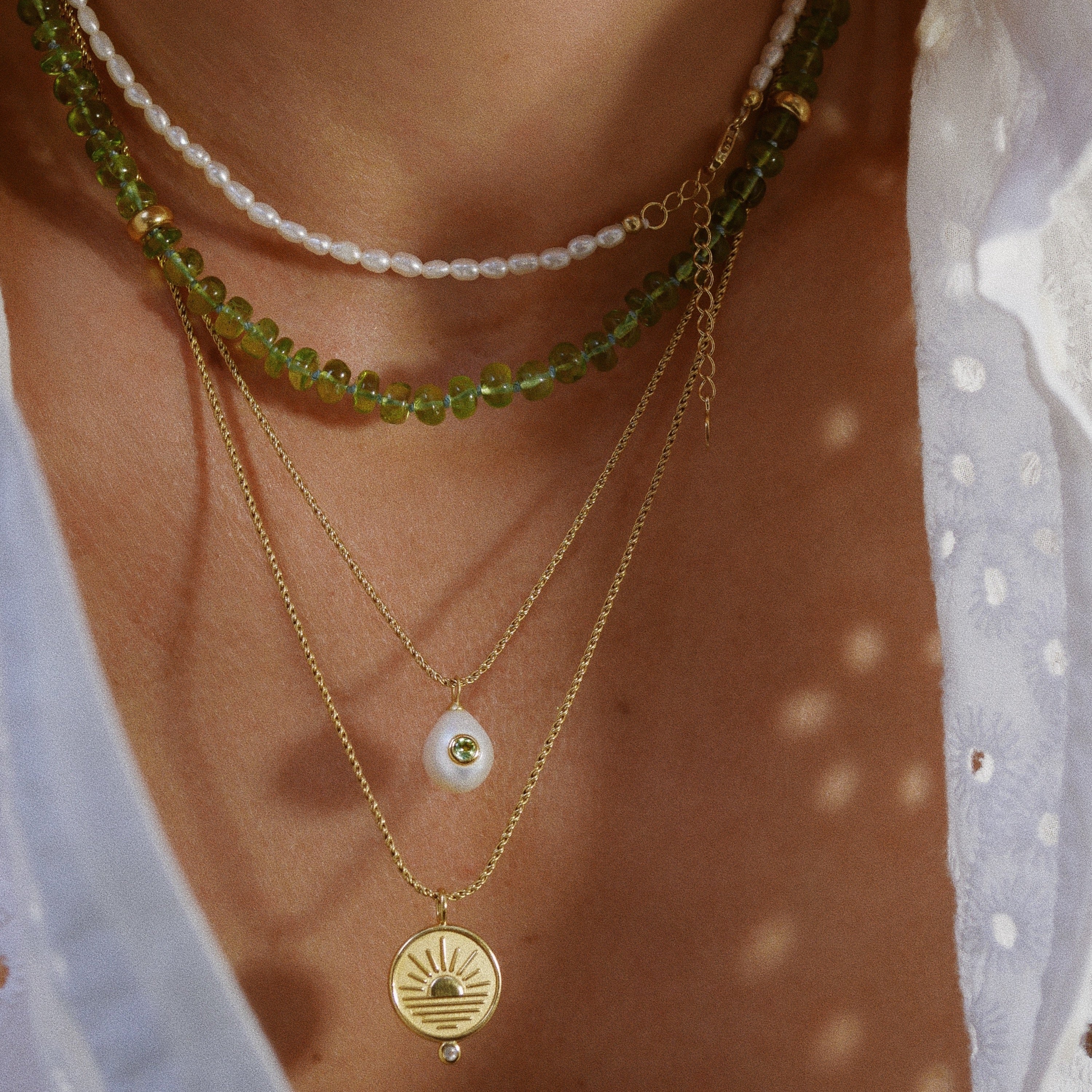Birsenaite layered  peridot pearl and gold necklaces 
