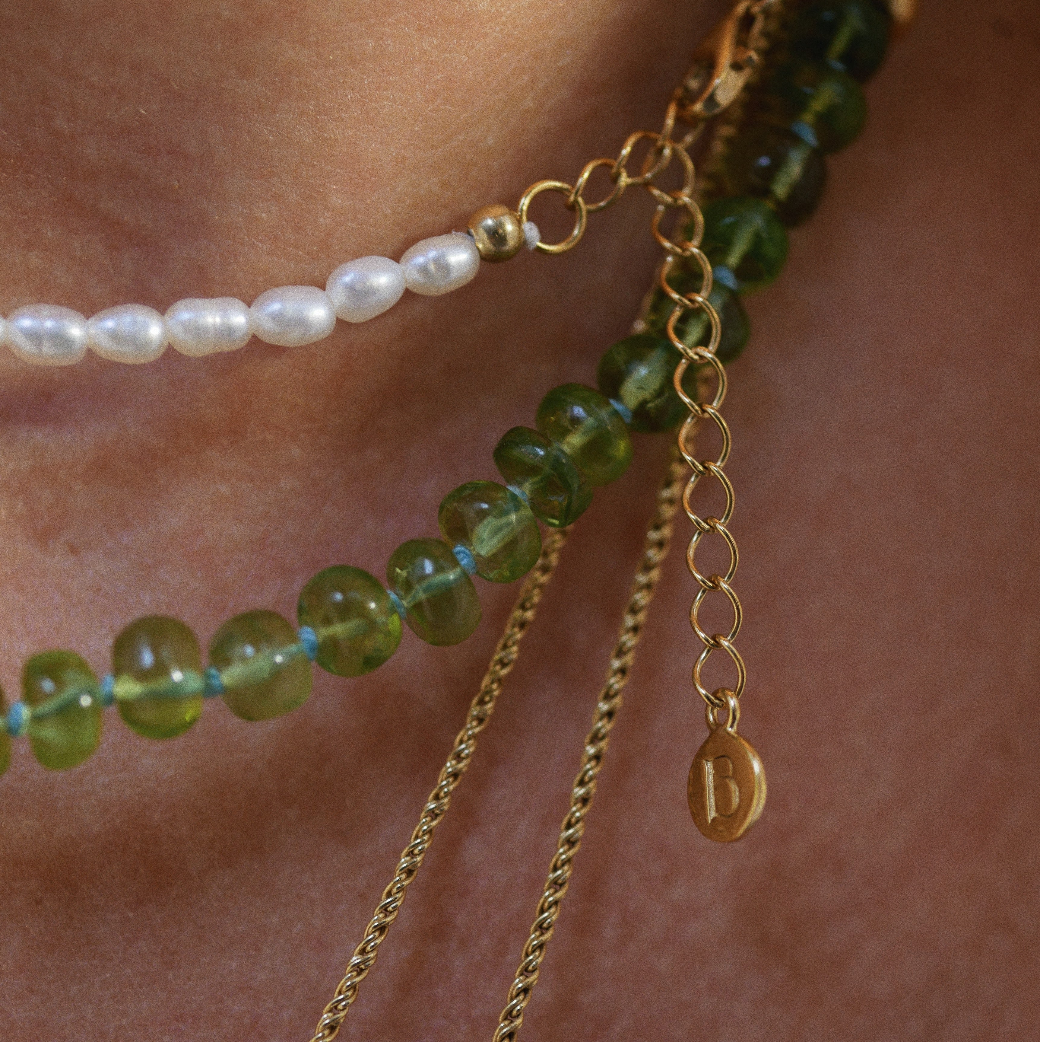 Birsenaite peridot pearls and silk hand beaded necklaces collar