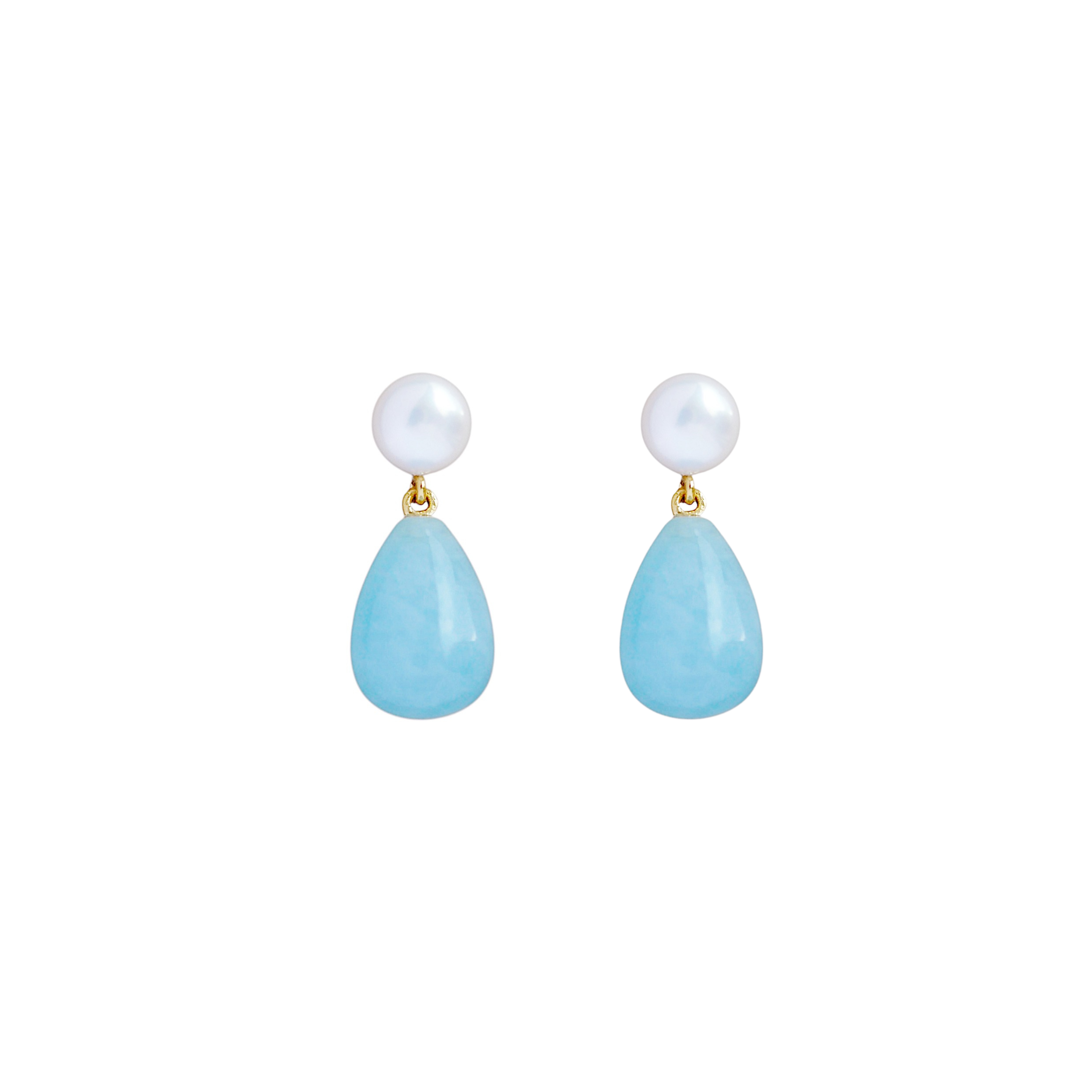 A pair of earrings featuring a pearl bead on top and a teardrop-shaped aquamarine stone hanging below.