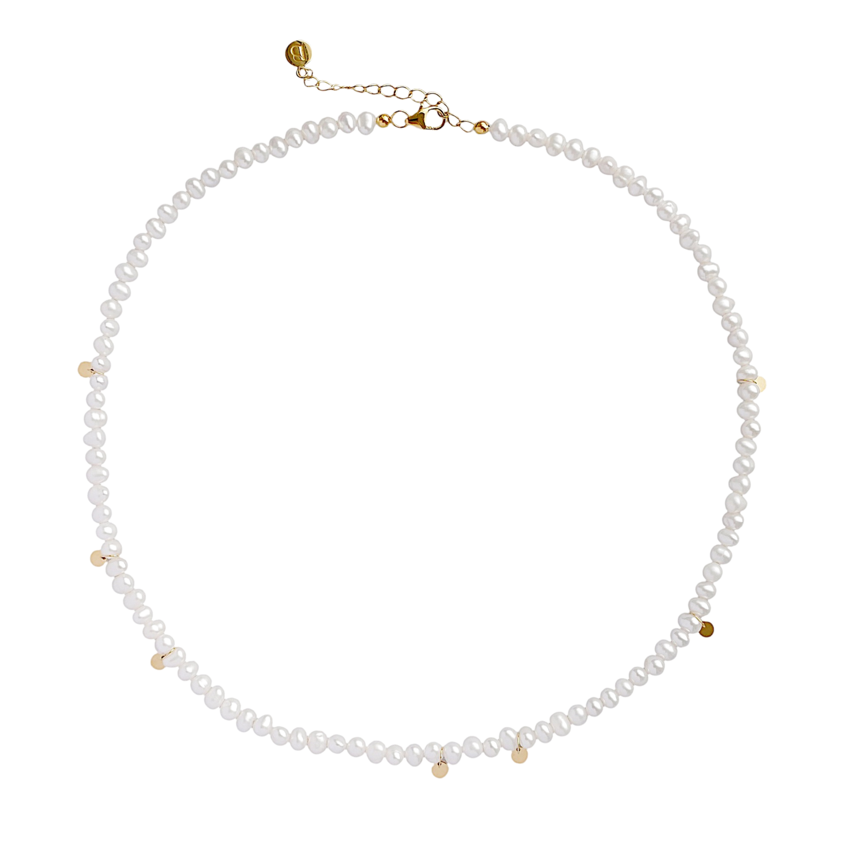 A choker necklace with hand-strung freshwater pearls and tiny gold discs, displayed against a white background