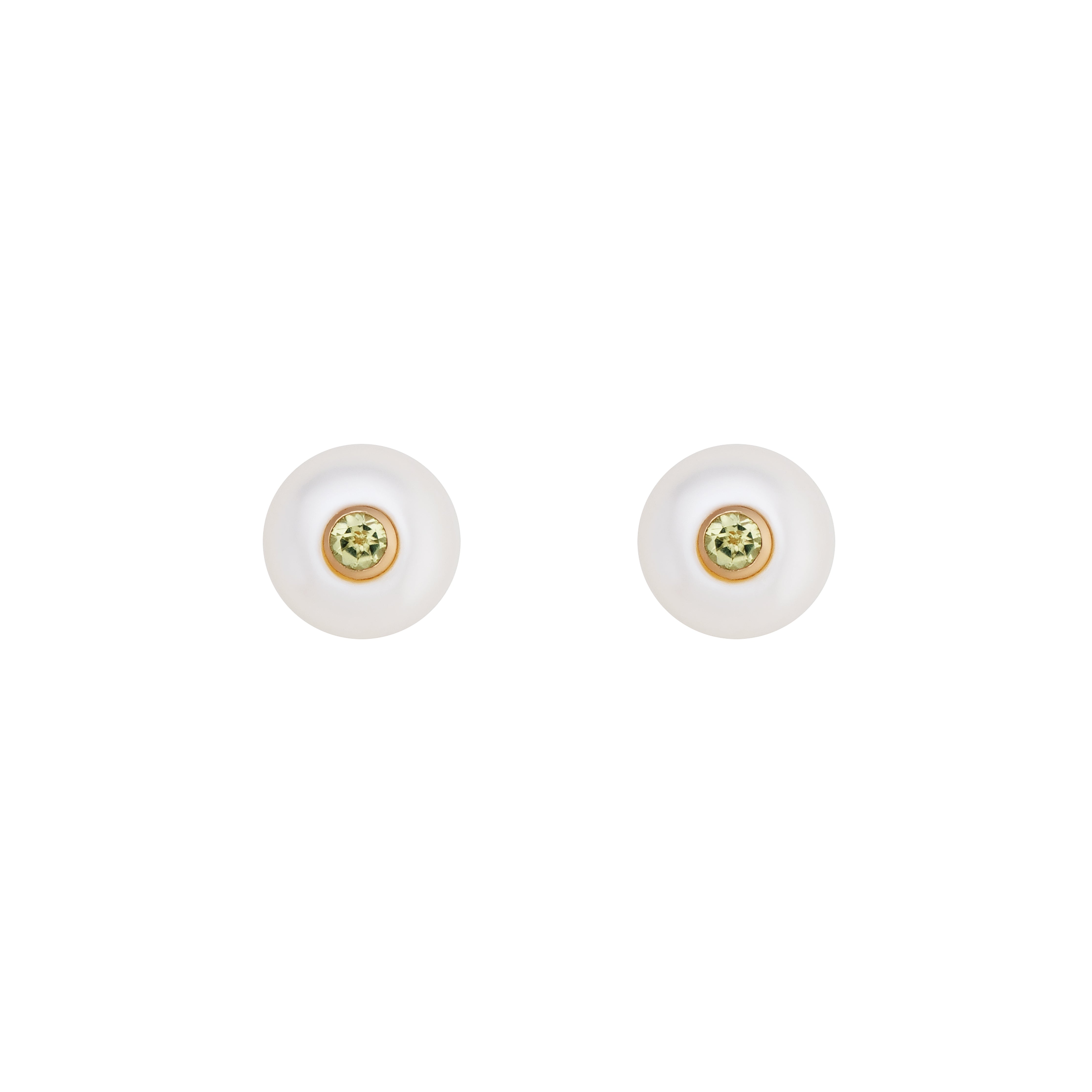 Pearl stud earrings with peridot bezel setting  /  Auskarai perlai su peridoto akmeniu / Birsenaite Jewellery