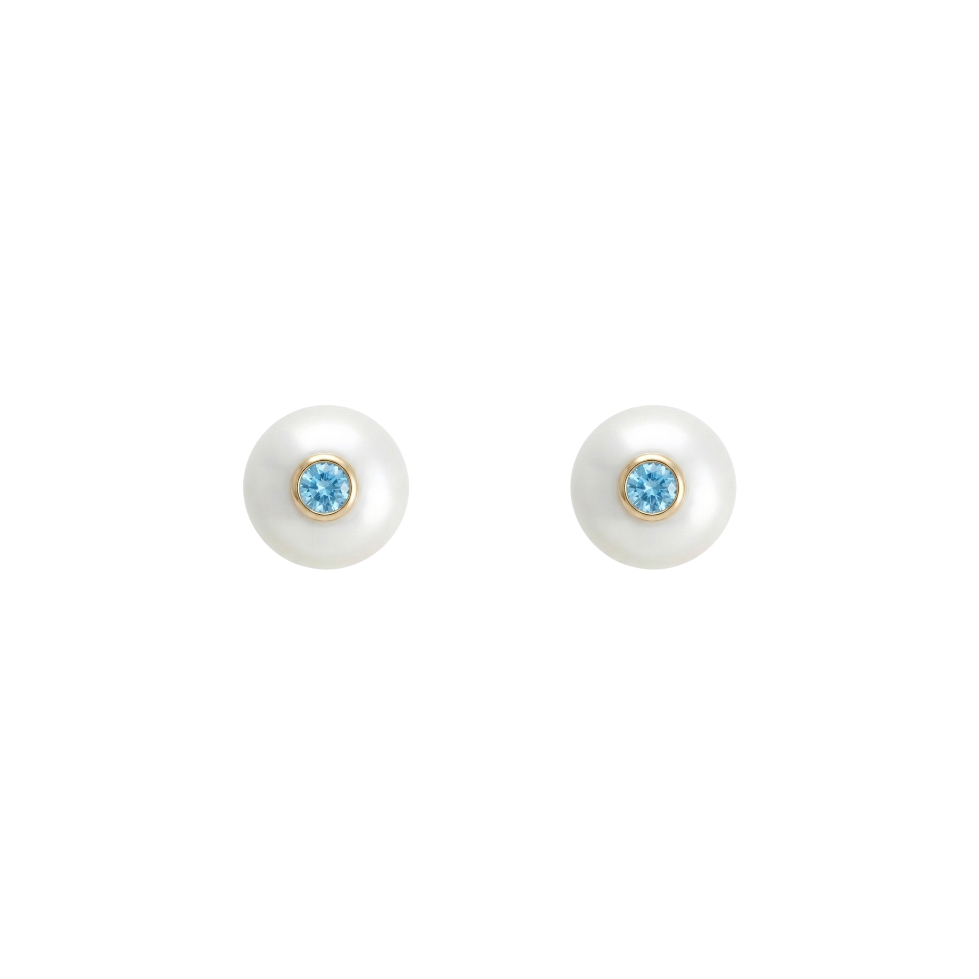 A pair of stud earrings featuring round white pearls with a small round bezel-set light blue gemstone in the center, set against a plain white background.