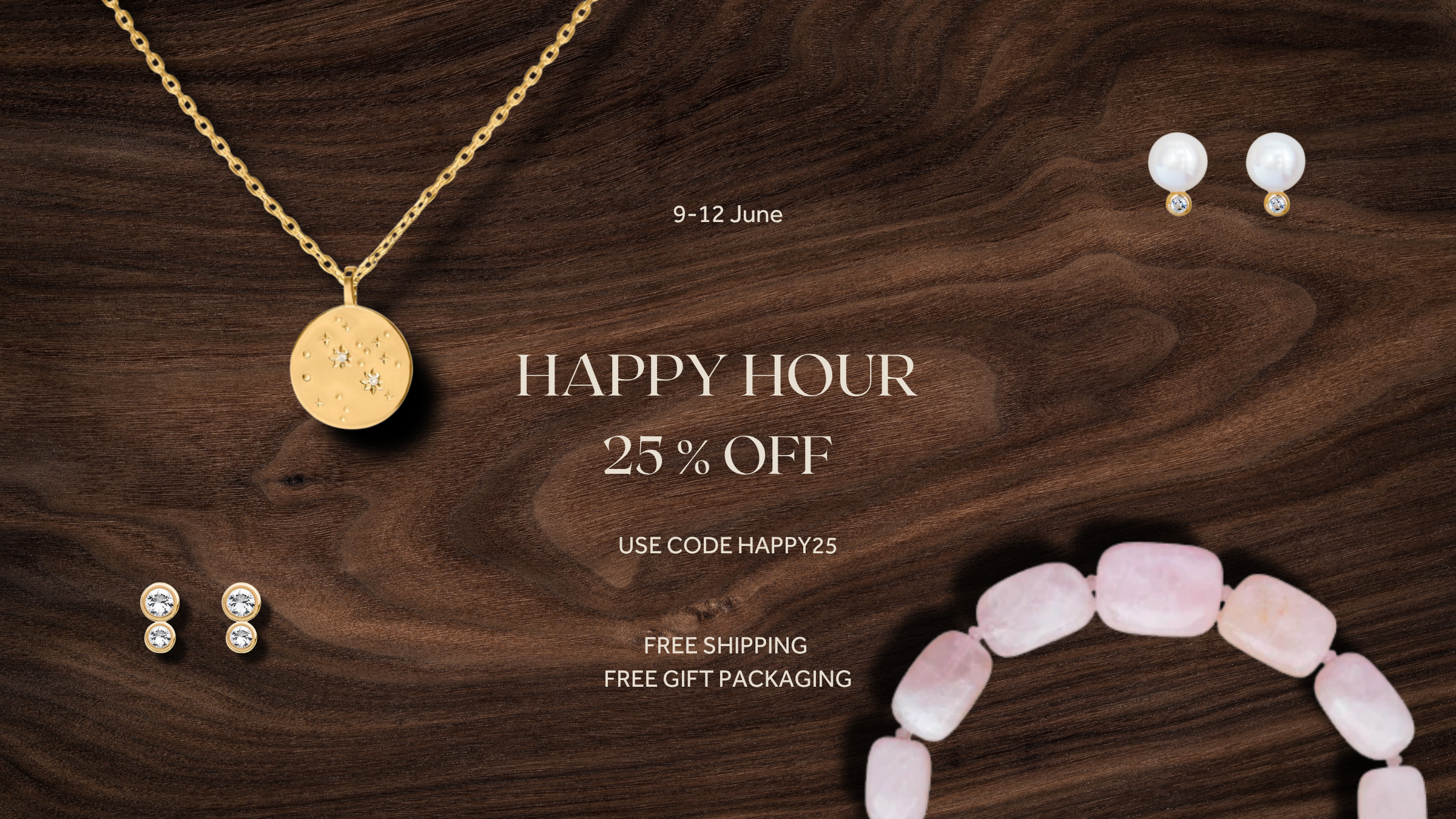 Jewelry set including necklace, earrings, and bracelet on a wooden surface with promotional text.