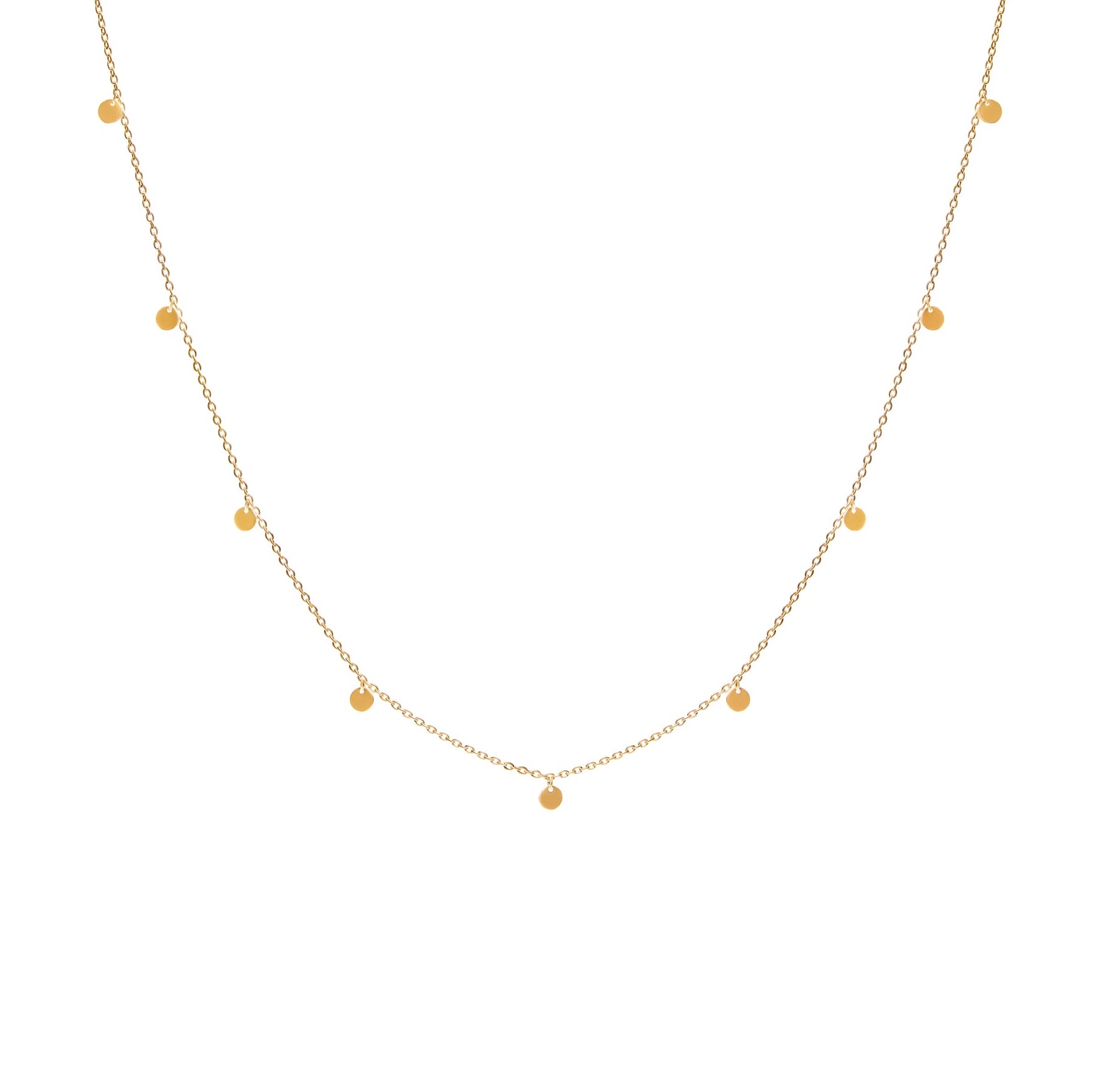 Gold necklace with small round gold tags on a white background