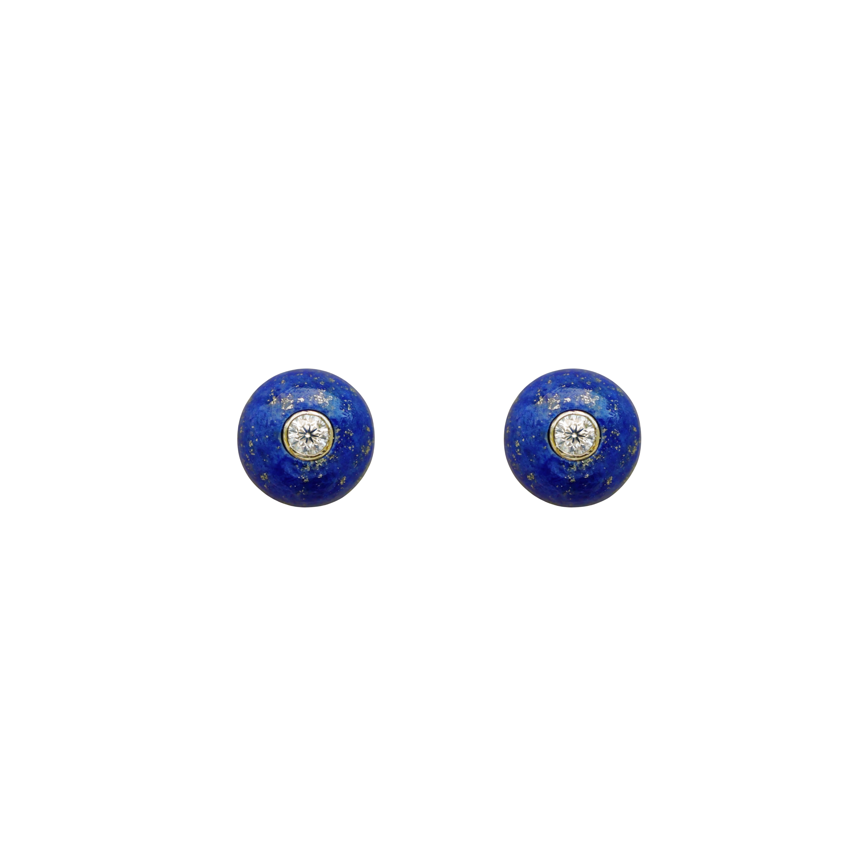 Pair of blue earrings with moissanites centers on a white background