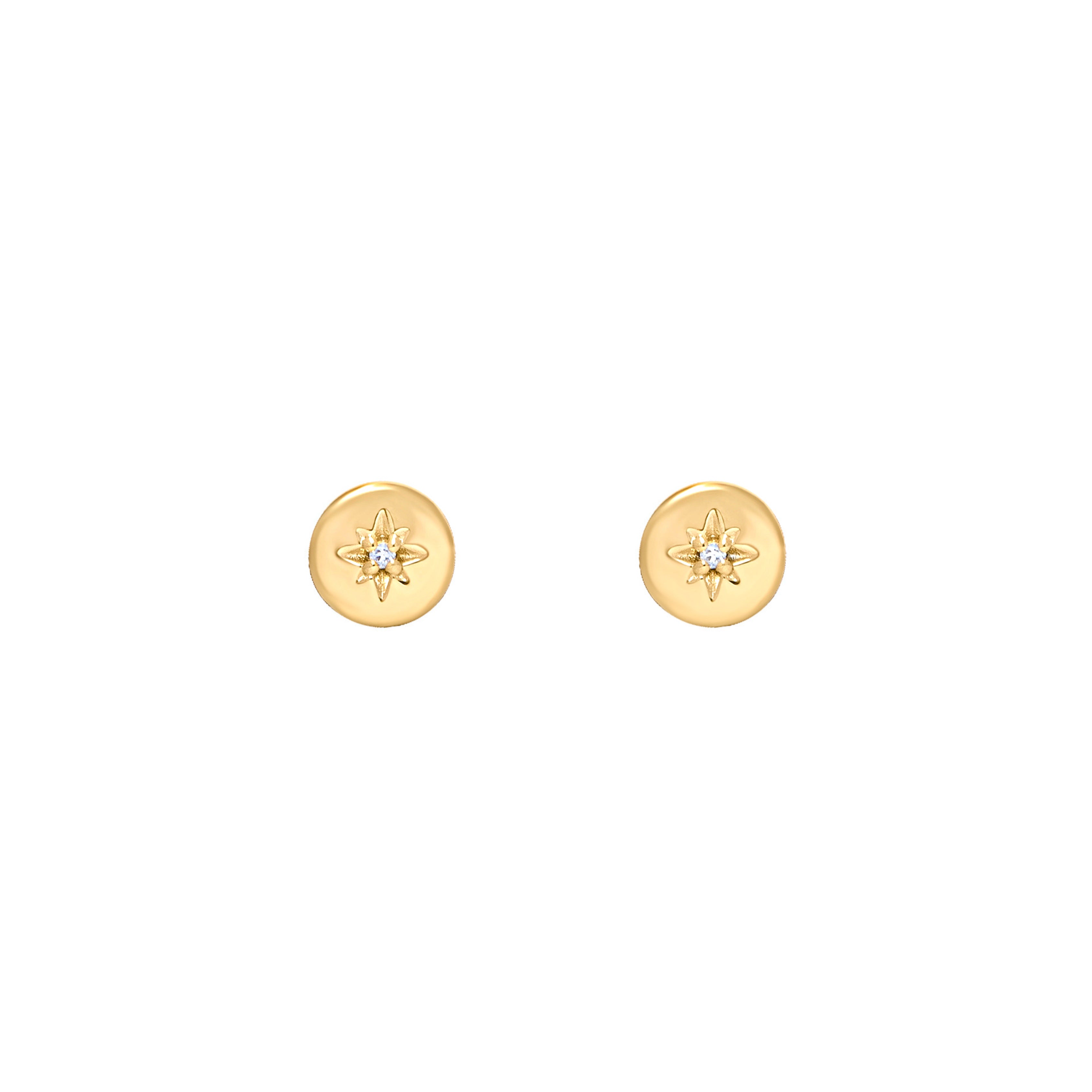 Gold earrings with star design and diamond on a white background