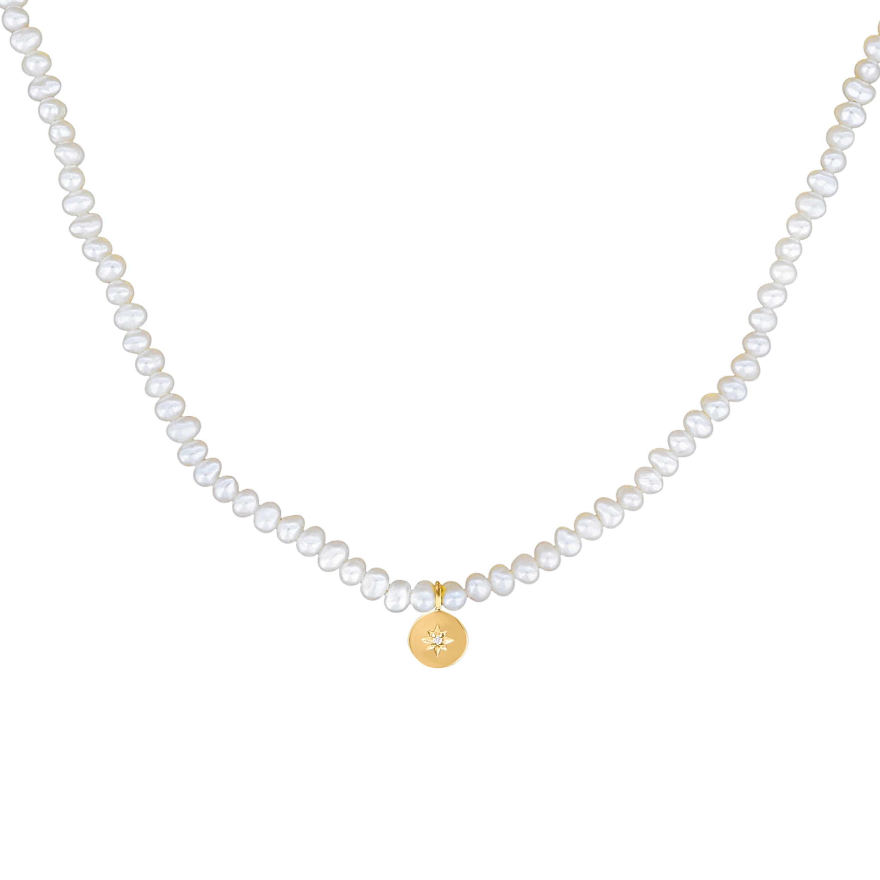 Pearl necklace with a gold pendant on a white background