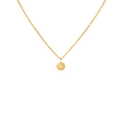 Gold necklace with a round pendant with star , inlaid diamond, on a white background