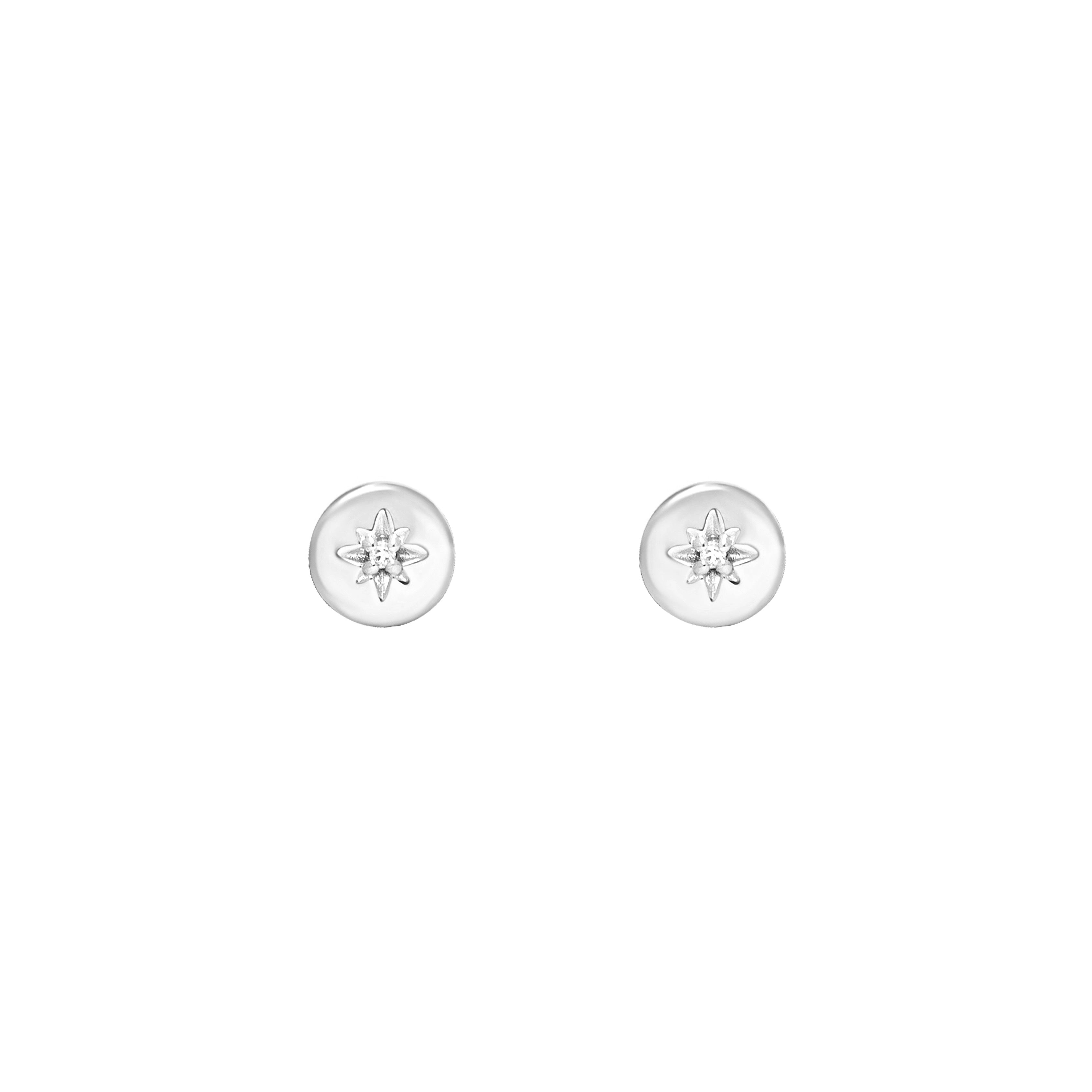 Pair of silver earrings with star in the midle and diamond on a white background