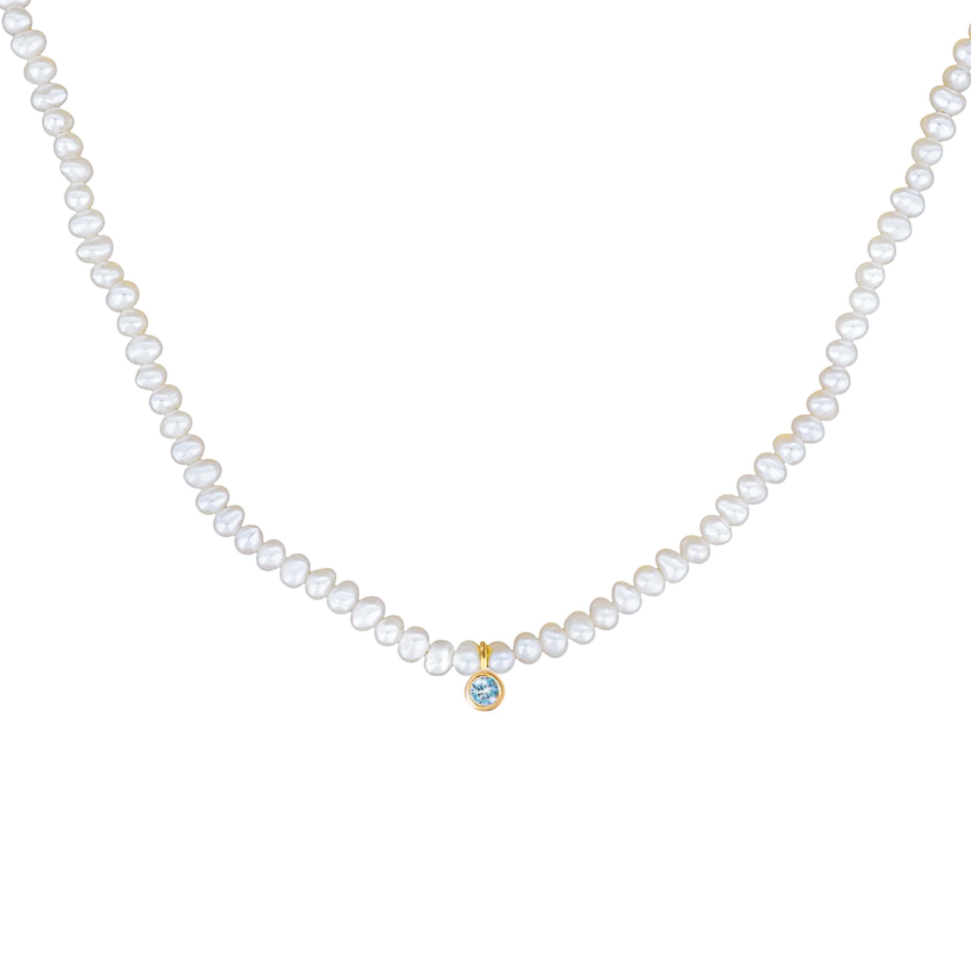 Pearl necklace with a blue gemstone pendant on a white background