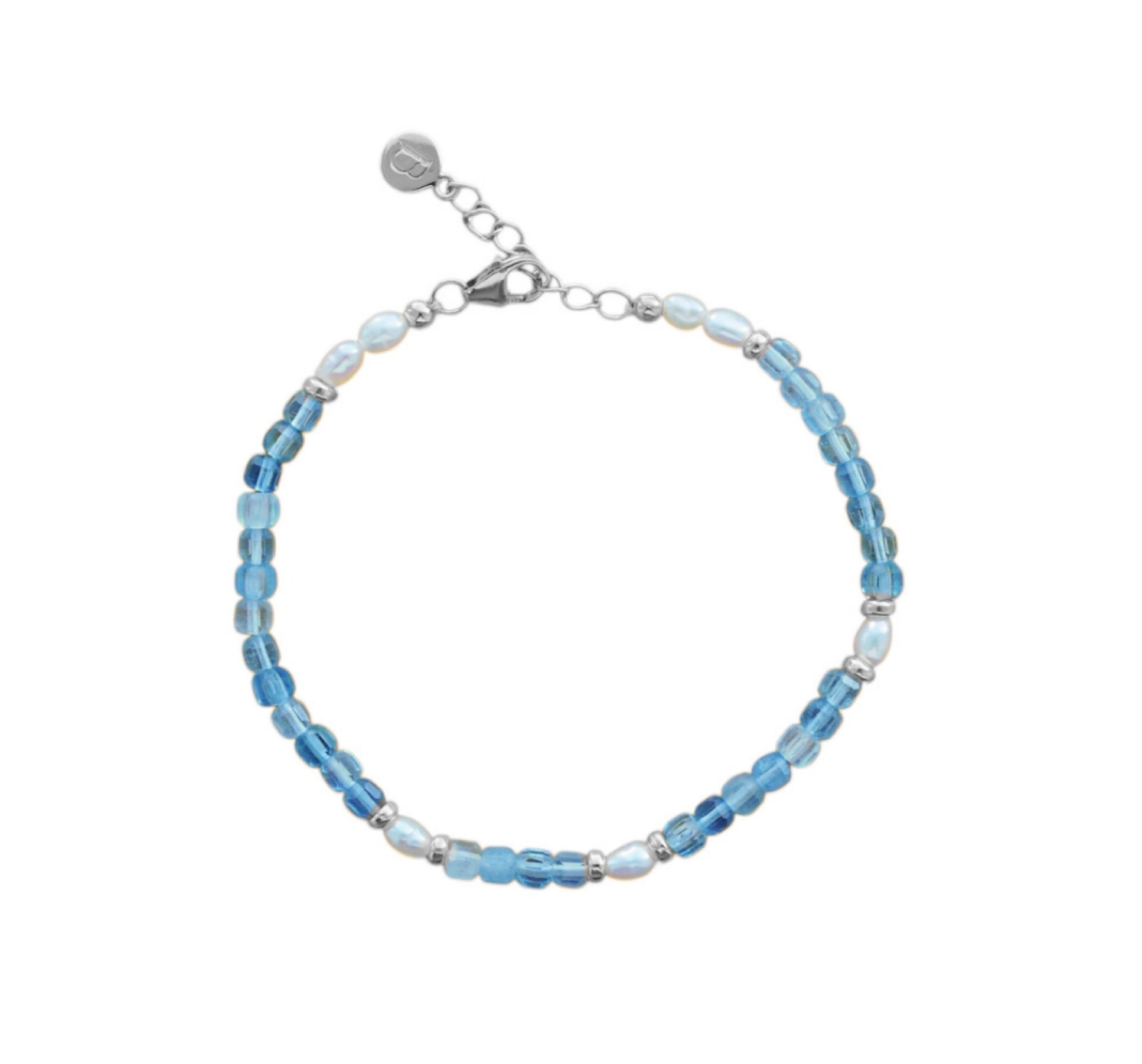 Blue beaded bracelet on a white background