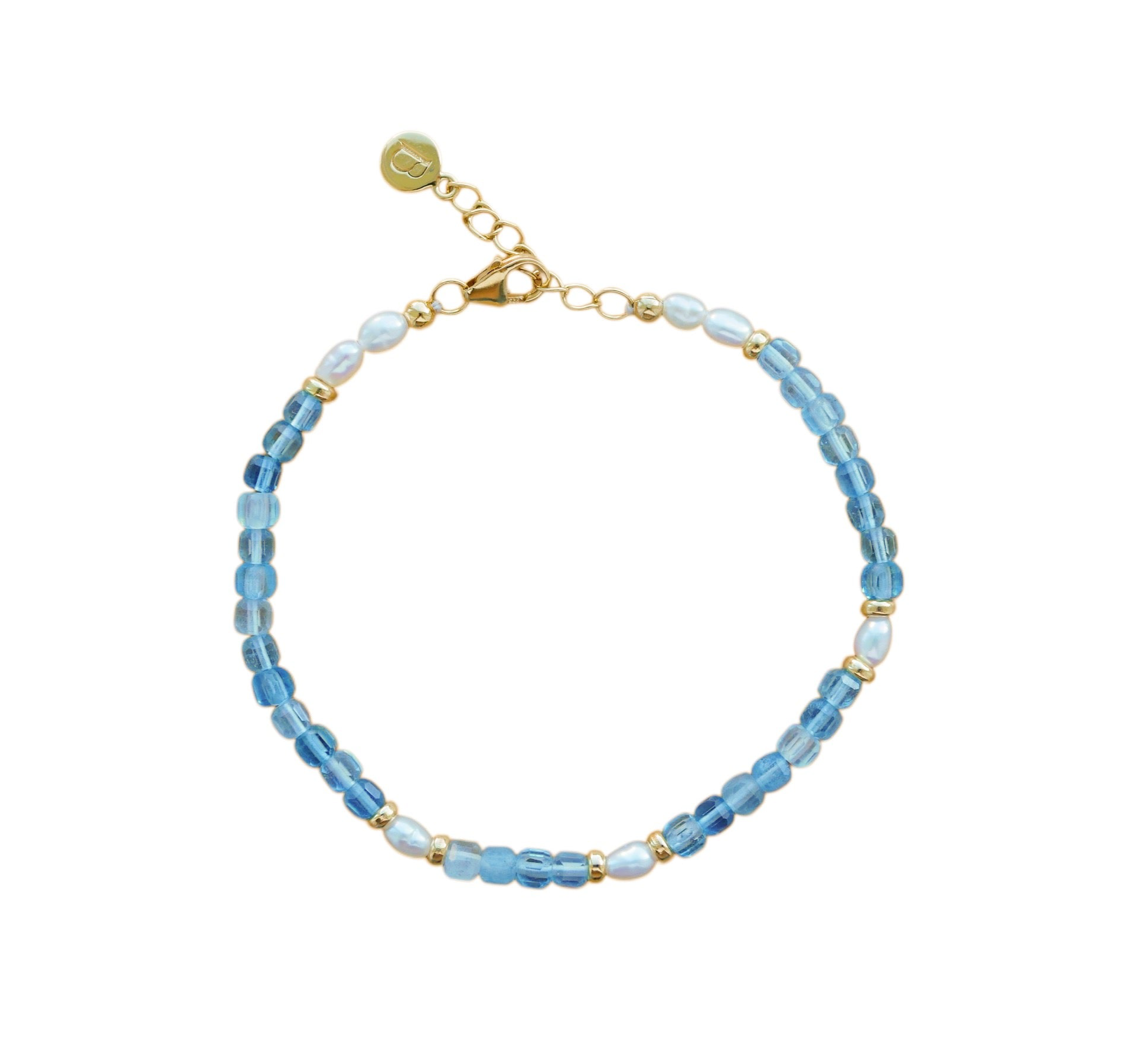 Blue beaded bracelet with gold accents on a white background