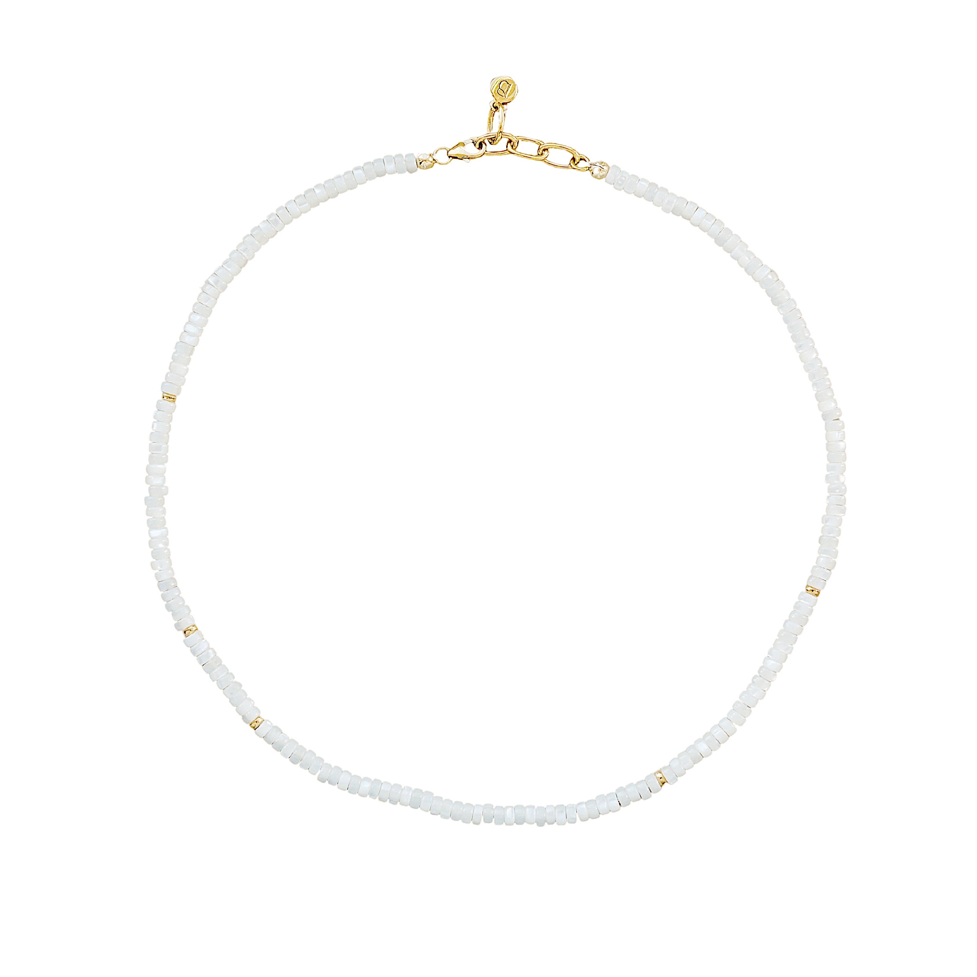 A white shell bead necklace with gold-colored rondelles and a gold-plated closure, displayed against a plain background.