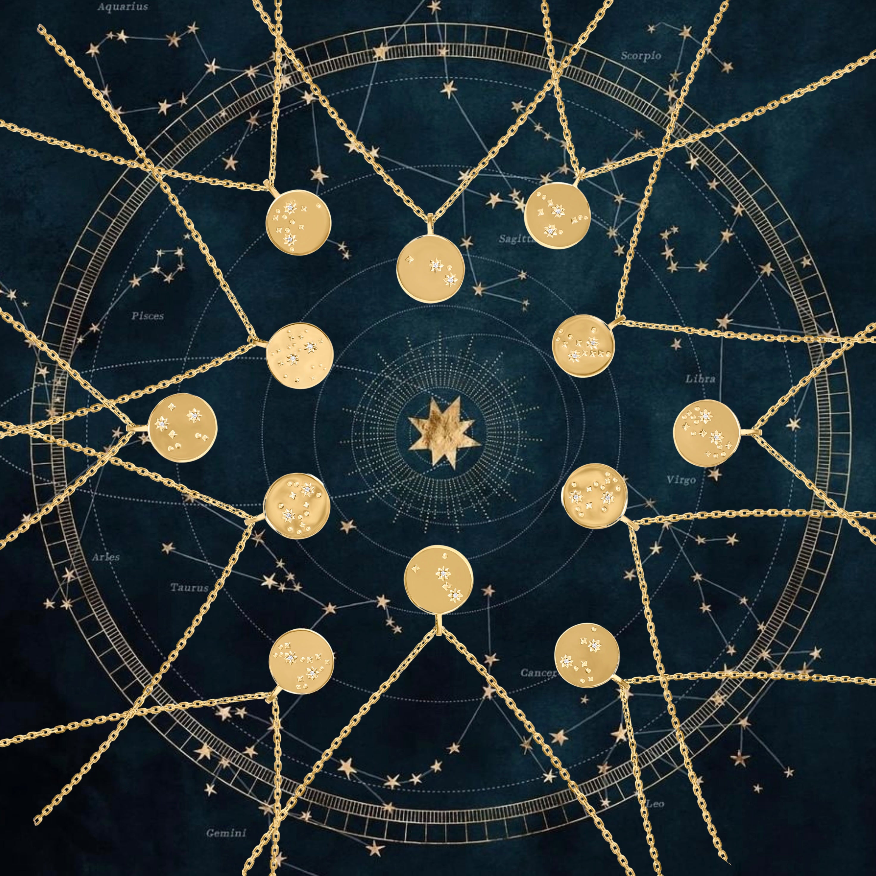 Star map with gold celestial bodies and constellations on a dark background