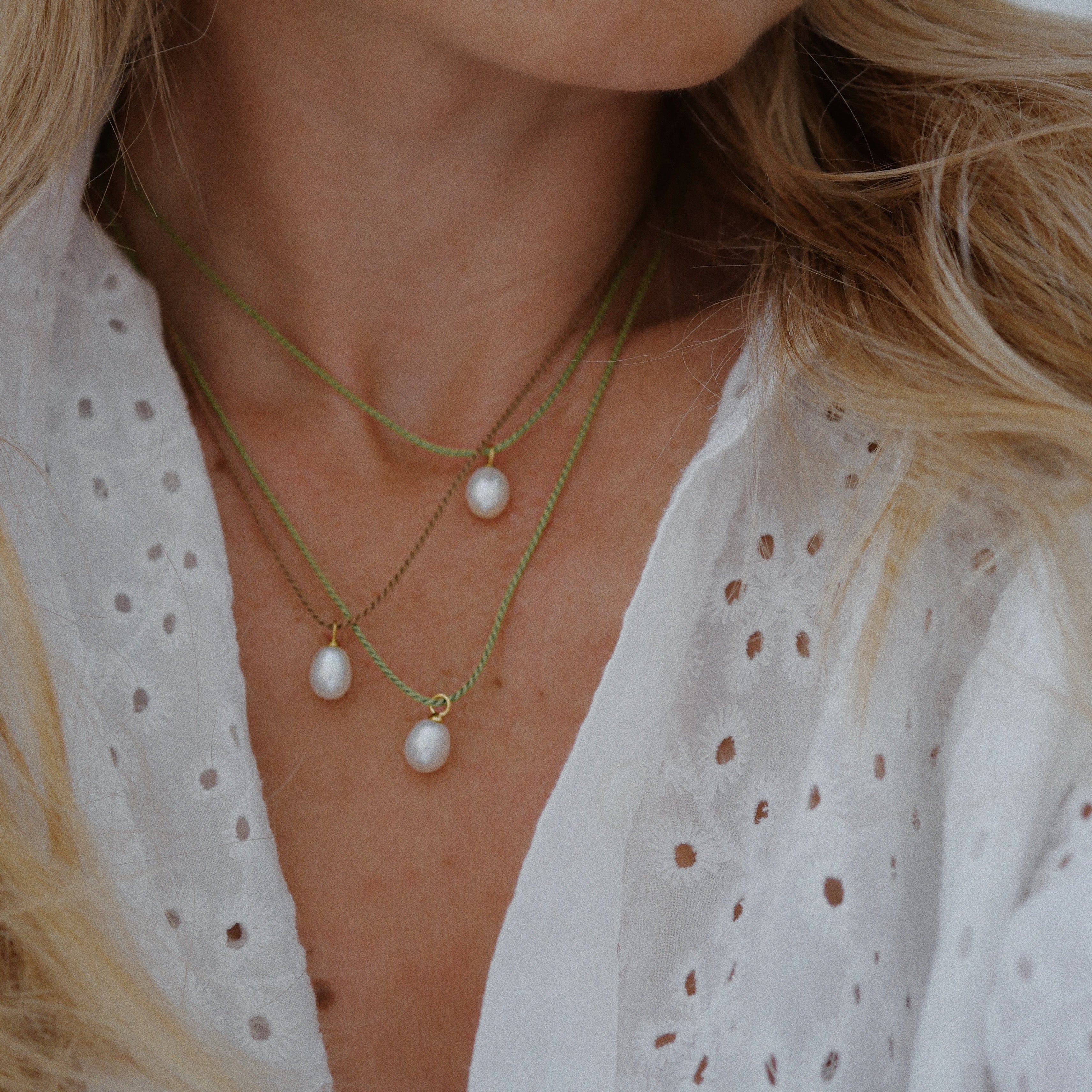 Birsenaite Silk and pearl Pendant Necklace on Neck 